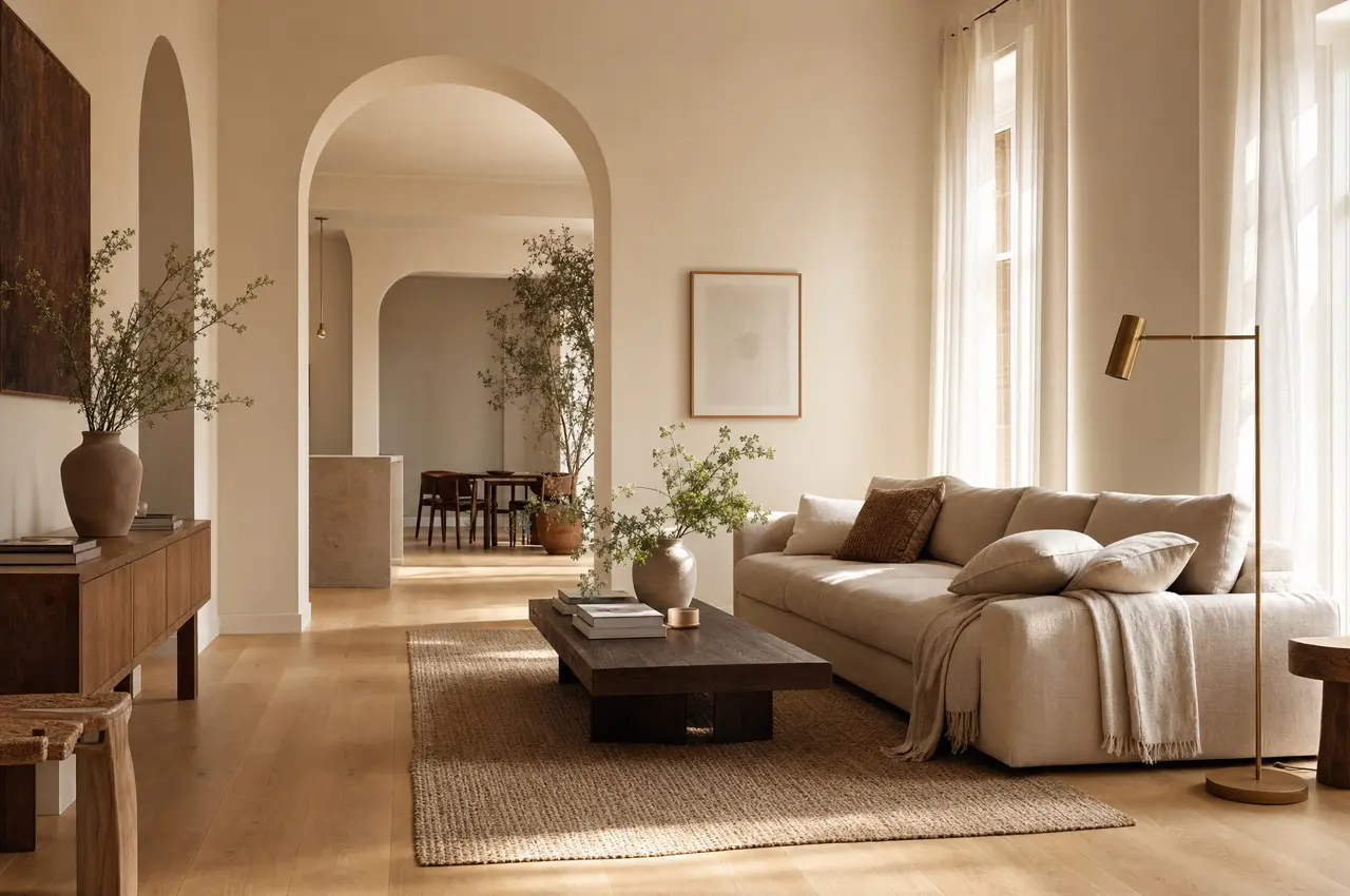 Bright living room with arched openings